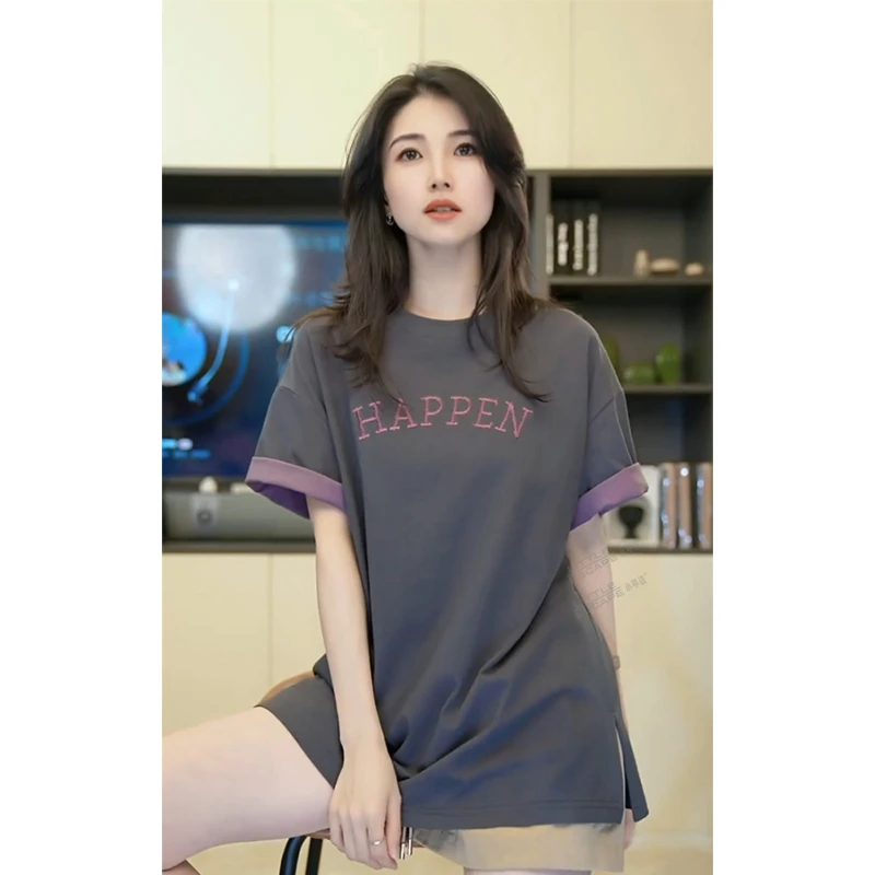 小乖逃Q休闲时尚深灰色T恤HA宽松慵懒字母T恤短袖上衣M8371