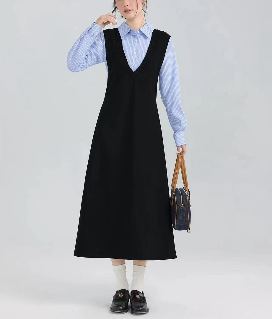 大码秋季条纹拼接假两件连衣裙7379