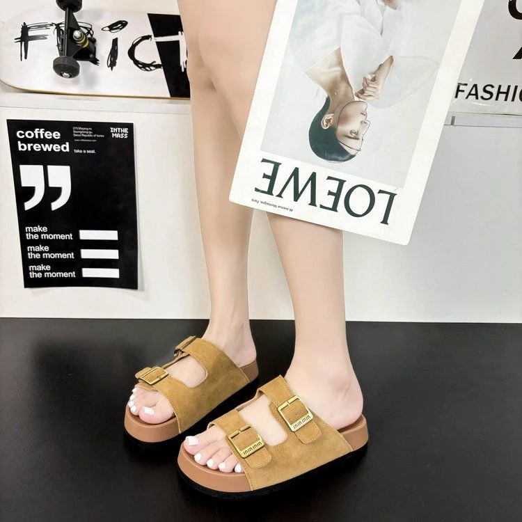 F250601真皮凉拖鞋女鞋子夏季外穿2025新款勃肯踩屎感沙滩一字拖