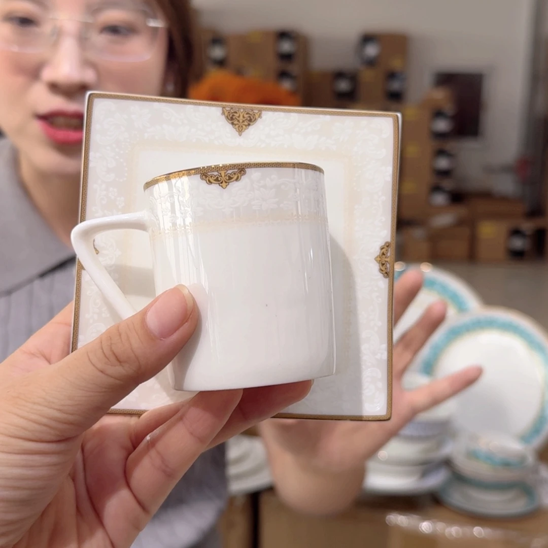 骨瓷高骨骨瓷咖啡杯碟2套（6件）110ml外贸骨瓷