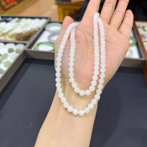 【花间】和田玉老料白玉8mm长串