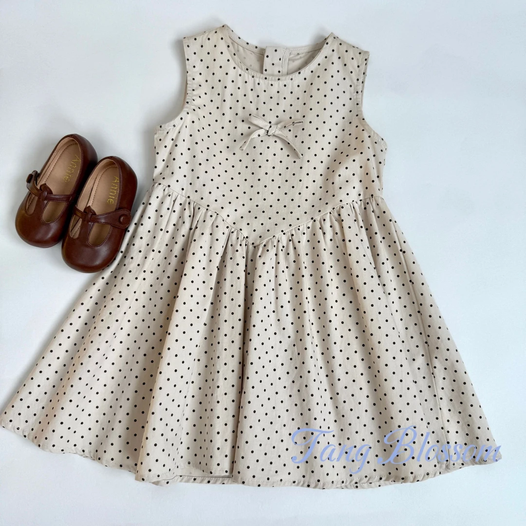 波点茶话会清新甜美女童无袖夏季连衣裙子韩版纯棉修身宝宝女孩