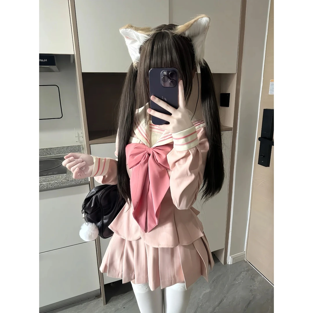 JK制服套装原创正版春秋日系学院风萌系粉色水手服女长袖收腰上衣