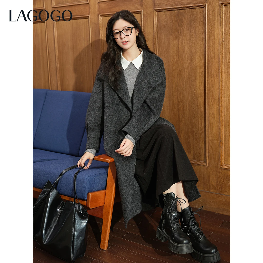 LAGOGO北欧画报深灰长款大衣女拉谷谷2025冬新款OCDD23XG10