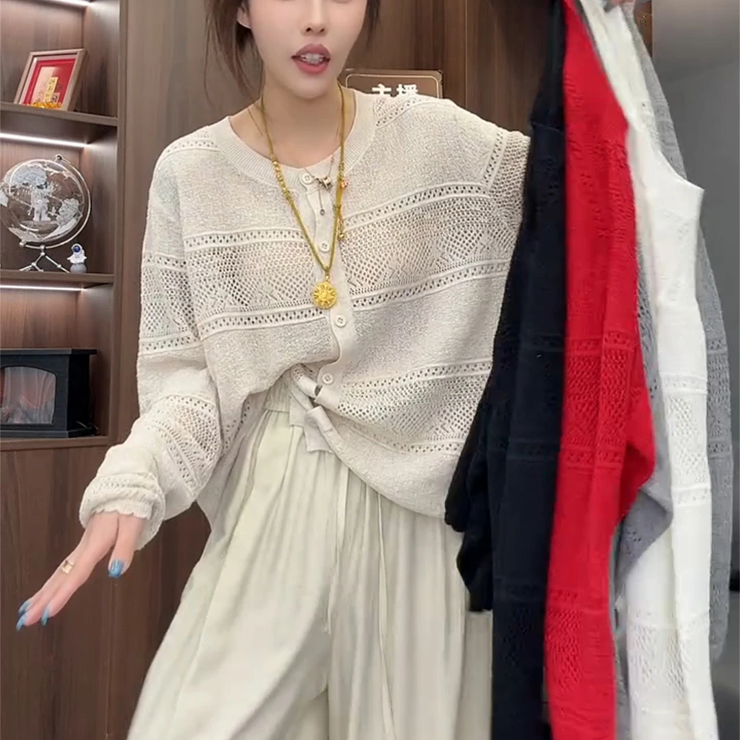 欧货2025夏季新款镂空长袖防晒网衫女慵懒风宽松百搭显瘦针织罩衫