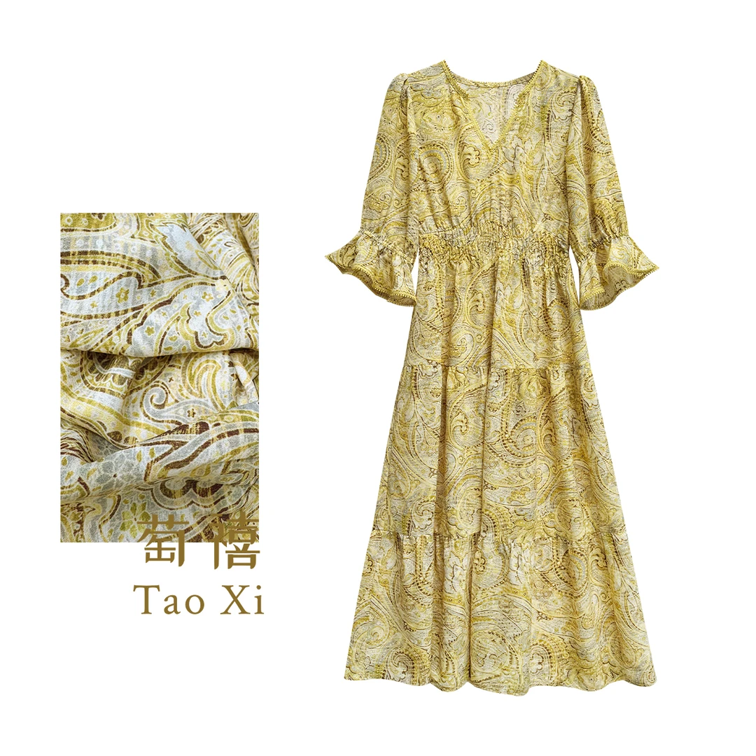 【萄禧】黄色腰果印花桑蚕丝V领七分袖收腰显瘦连衣裙TX06QZ1073