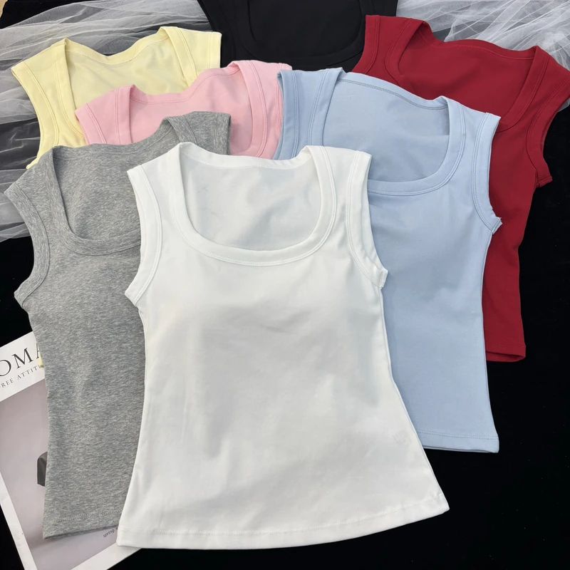 2025新款方领背心女带胸垫一体杯百搭打底修身显瘦遮副乳无袖上衣