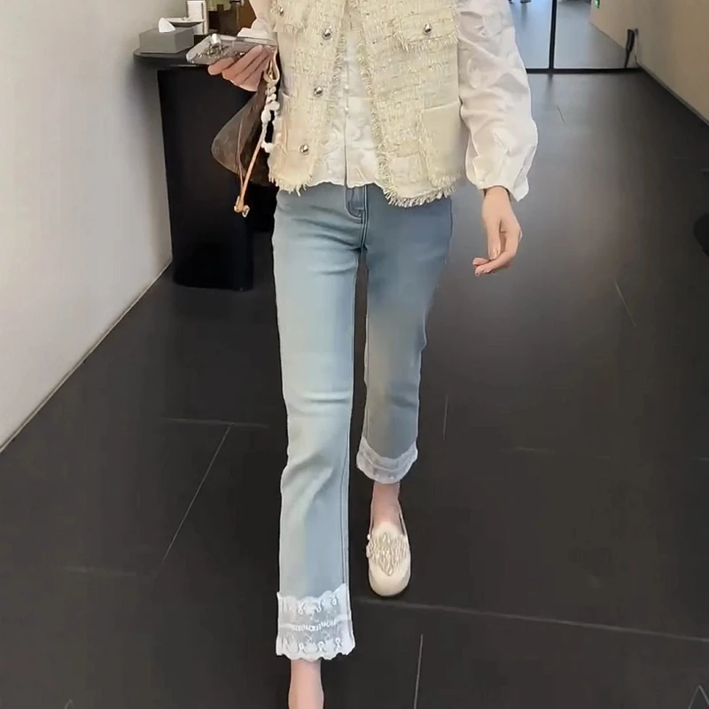 大码女装蕾丝拼接九分烟管裤子2025早秋新款高腰弹力显瘦牛仔裤女