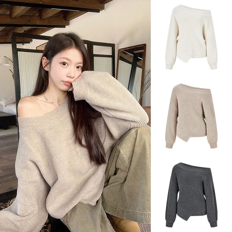 Moses Queen/魔西女王纯欲轻熟风一字领斜肩针织毛衣松弛感打底衫