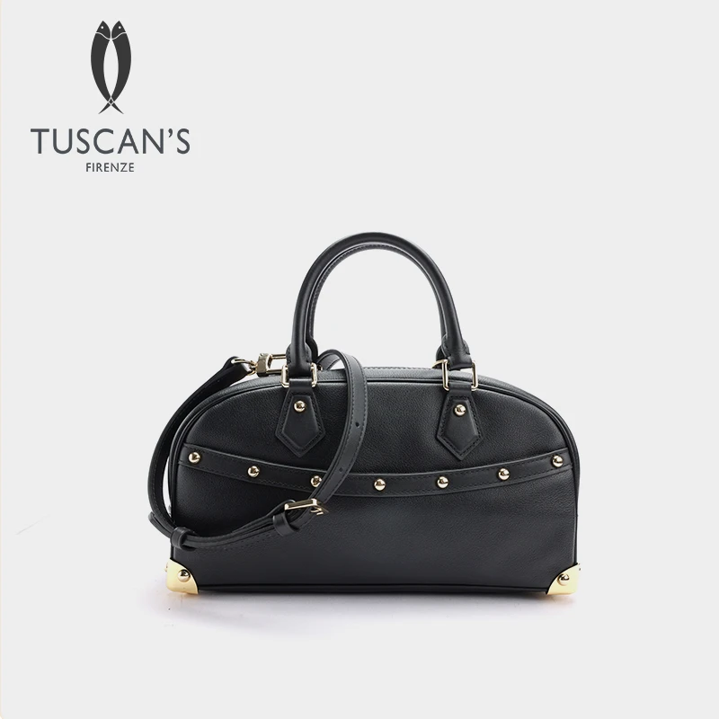 TUSCAN'S黑色简约风扣式做旧单肩包波士顿包时尚枕头包