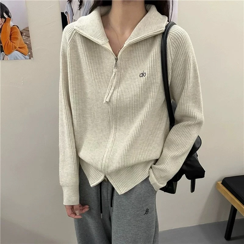 【翻领】双拉链上衣宽松毛衣外套慵懒高级感女小个子针织开衫