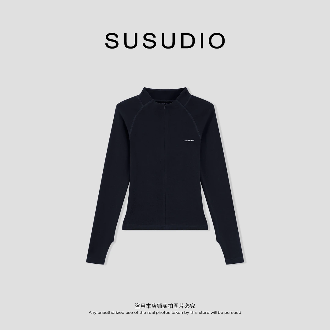 SUSUDIO 休闲立领明线显腰细羊毛肤感高弹拉链上衣T恤 A1066