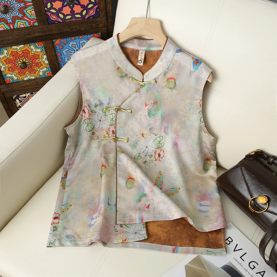 新中式夏季斜襟蝴蝶碎花衬衫气质女装中国风上衣马甲