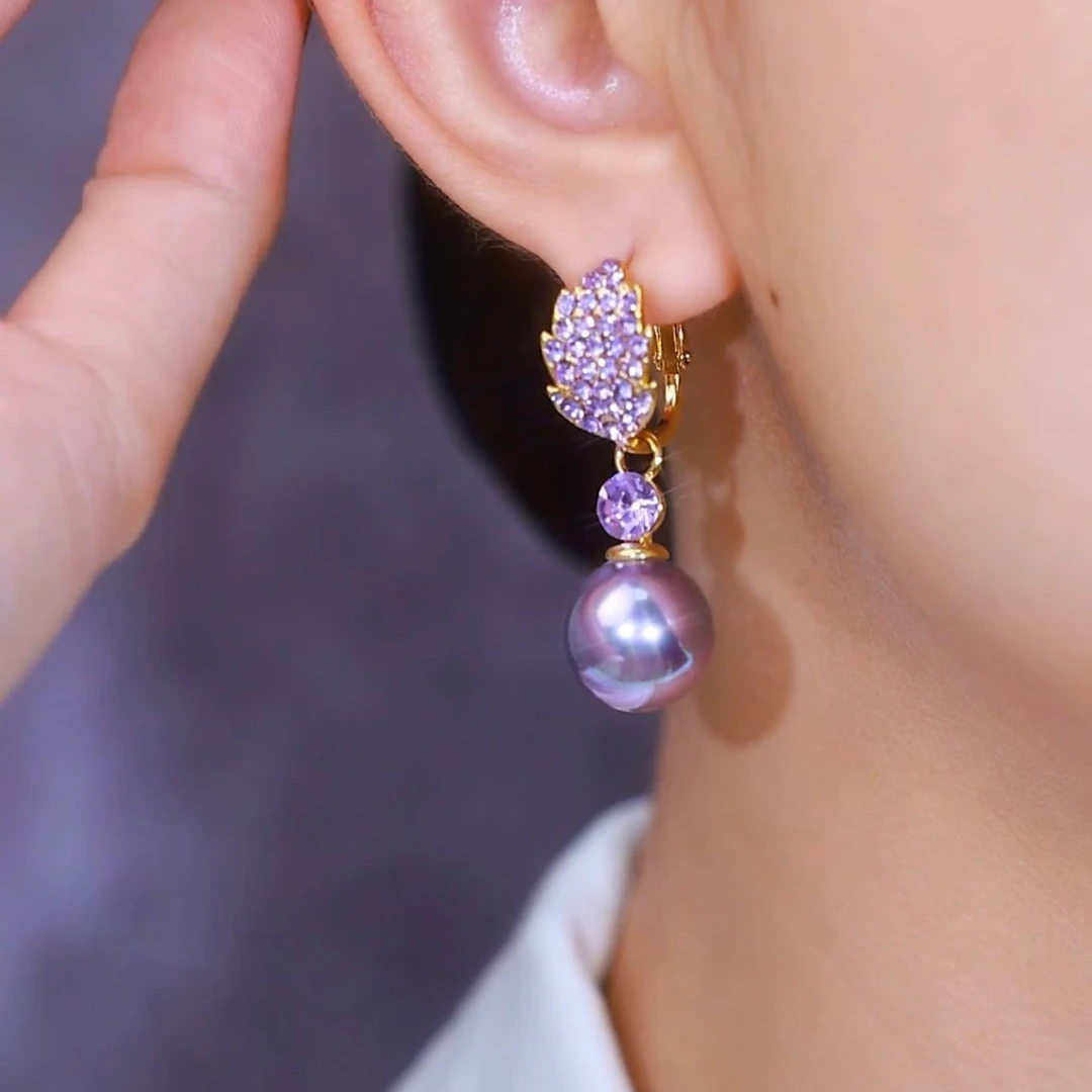 合金亚克力耳饰 轻奢气质紫色满钻叶子耳坠时尚复古法式高级感女