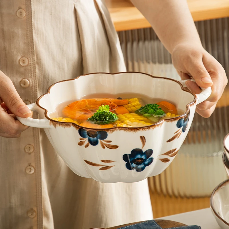 【金孟家居】创意蓝星陶瓷南瓜双耳碗2个