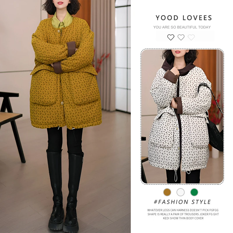 复古时尚高级感圆领气质棉服女秋冬季新款百搭拼色设计感潮流上衣