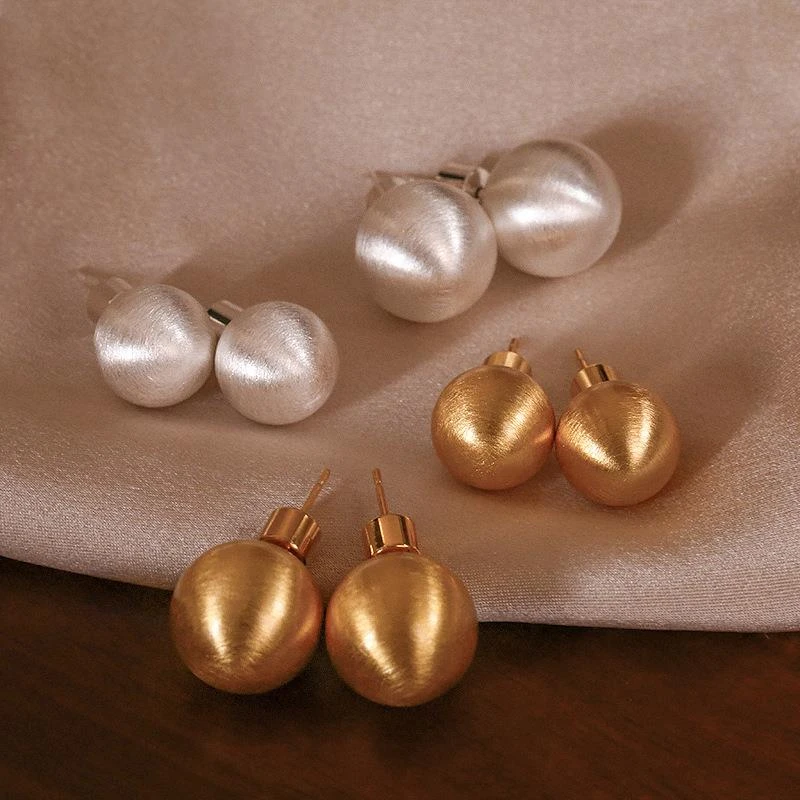 铜合金锆石耳饰 S925针哑光拉丝金属圆球耳钉简约小众百搭气质磨i