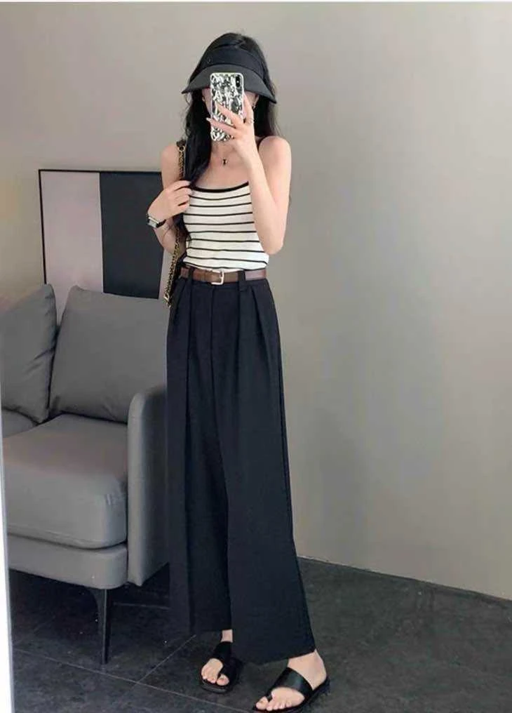 休闲裤阔腿裤休闲风直筒裤高腰无弹力垂感条纹韩版