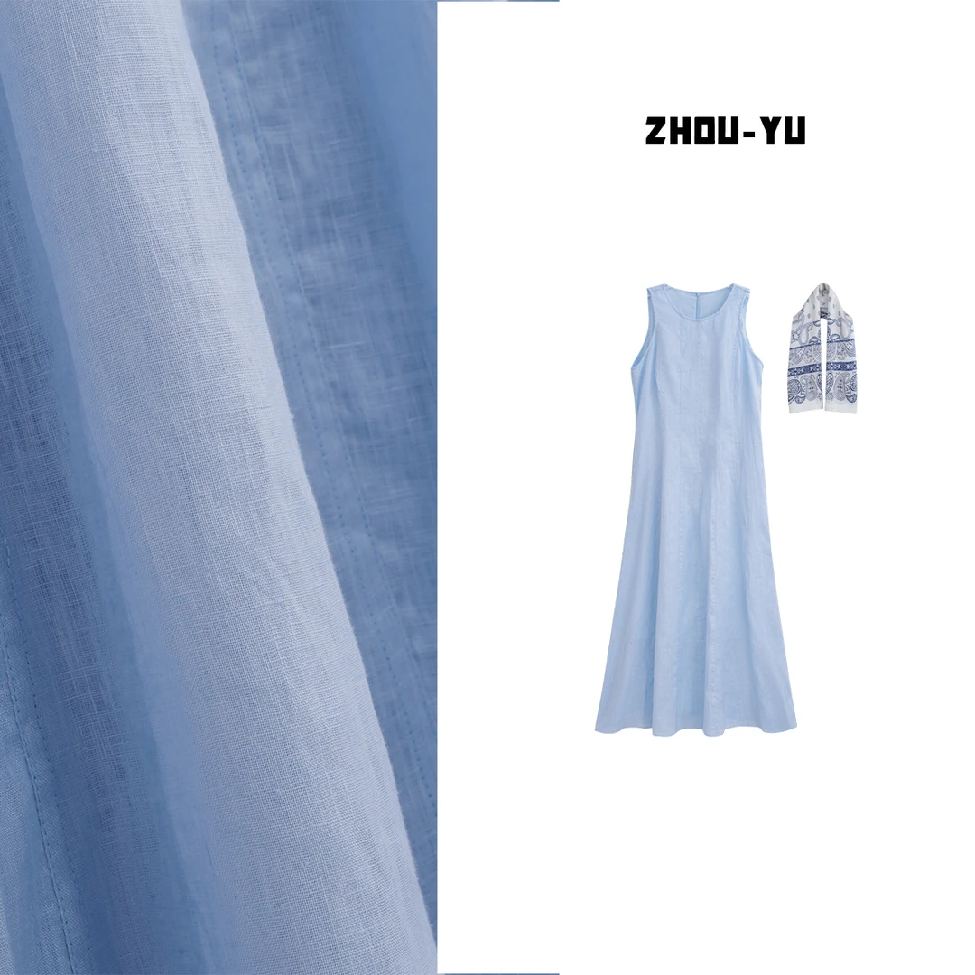 蓝色连衣裙纯色夏装长裙无袖裙子气质中长款休闲亚麻夏季常规