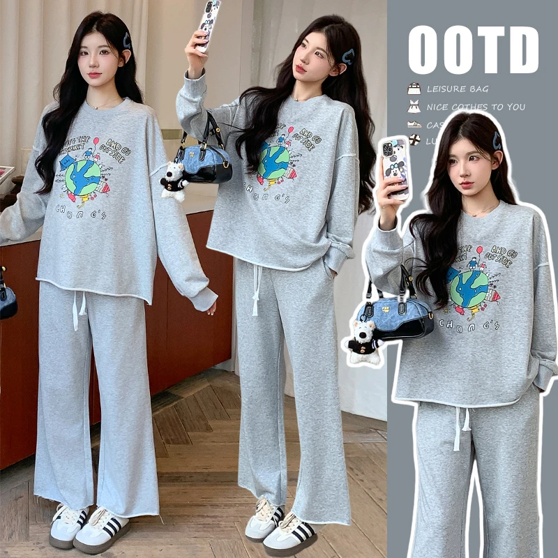 2025春秋季新款韩版休闲灰色印花卫衣孕妇套装时尚两件套