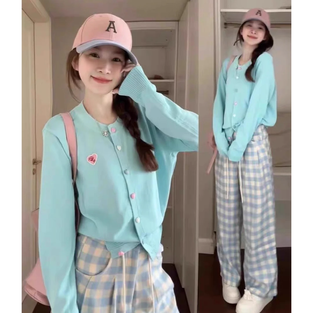 A韩系多巴胺休闲百搭显白圆领针织小开衫长袖外套#9034