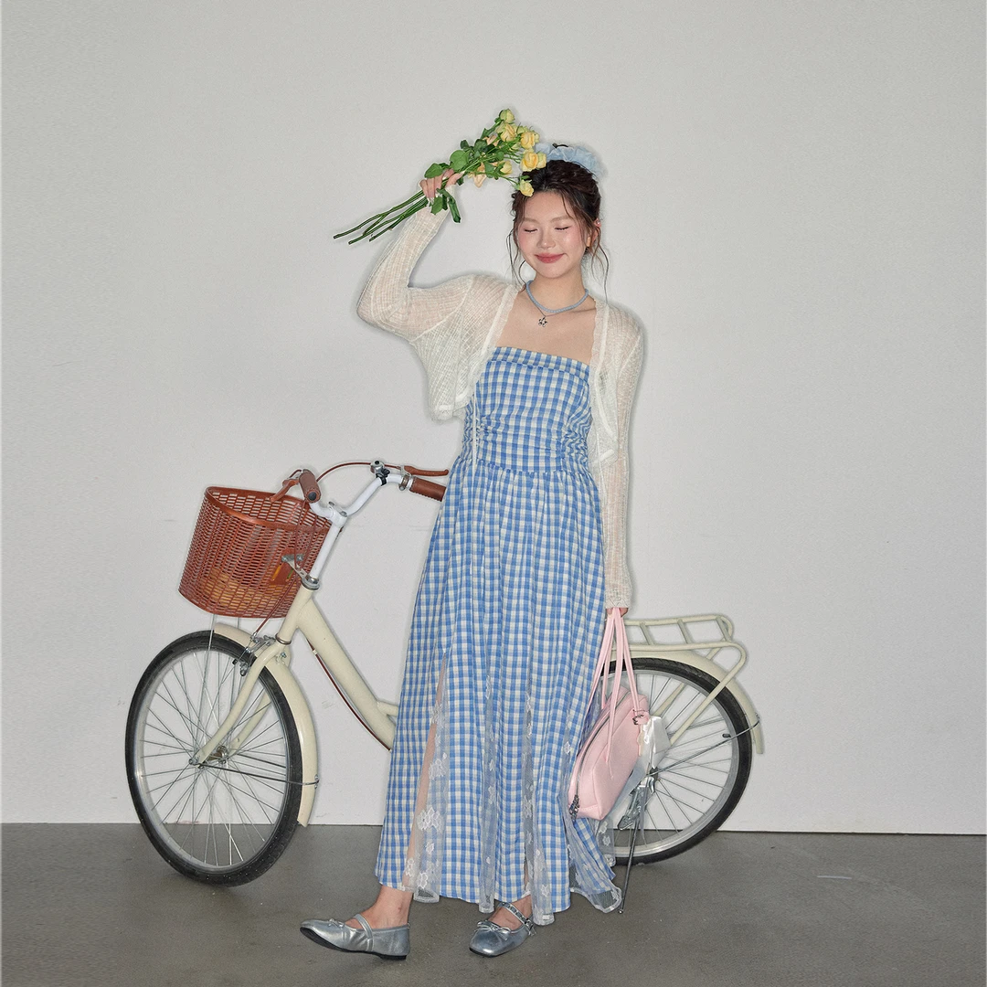 张大人【晓雾熏风】大码女装微胖妹妹气质度假风格纹蕾丝拼接抹胸裙