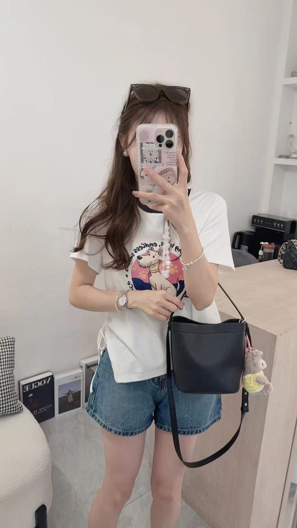 ouran 夏款G1386百搭显瘦抽绳小狗印花T恤