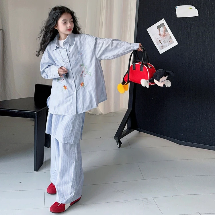 女童2025春秋新款套装洋气中大童潮酷穿搭长袖衬衫条纹裤子休闲