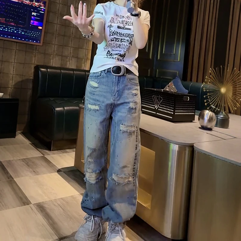 大码破洞直筒牛仔裤女春季2025年新款高腰胖mm显瘦宽松弯刀阔腿裤
