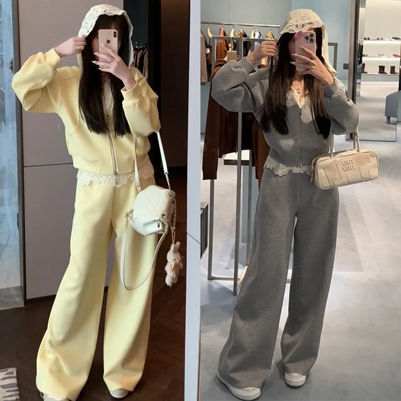 【mimius】&七七 蕾丝拼接连帽卫衣外套+长裤 G02117