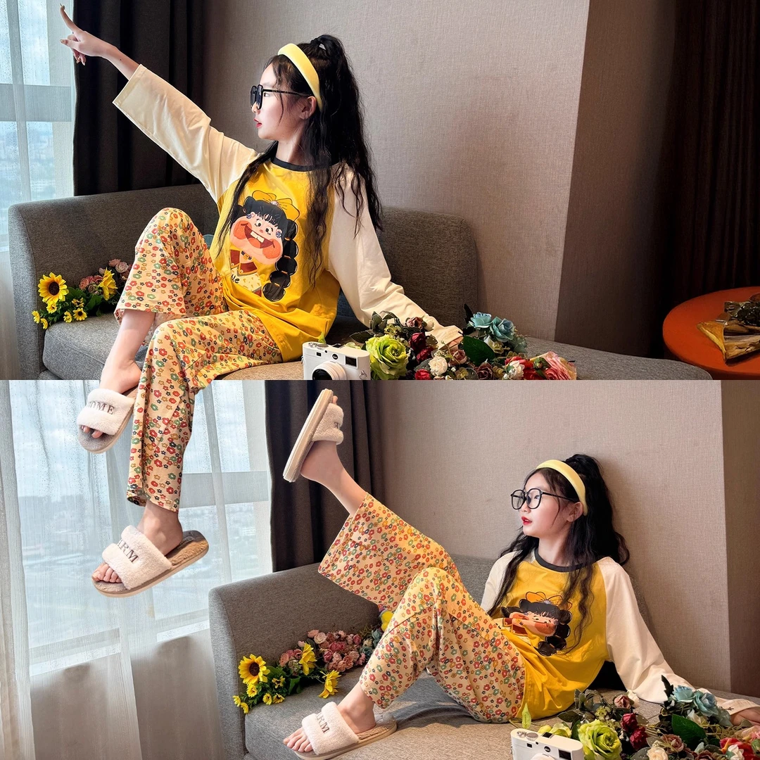 秋季儿童空调睡衣2025新款女大童高级感纯棉家居服初中生长袖套装