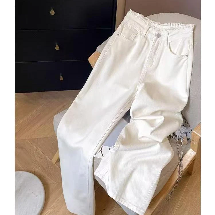 沃林春天1-1珍珠白高腰阔腿显瘦休闲直筒时尚百搭牛仔裤