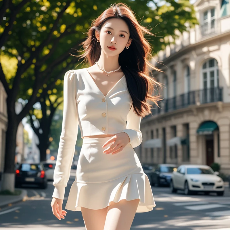 秋季上新名媛小香风两件套女法式气质V领单长袖上衣鱼尾裙套装