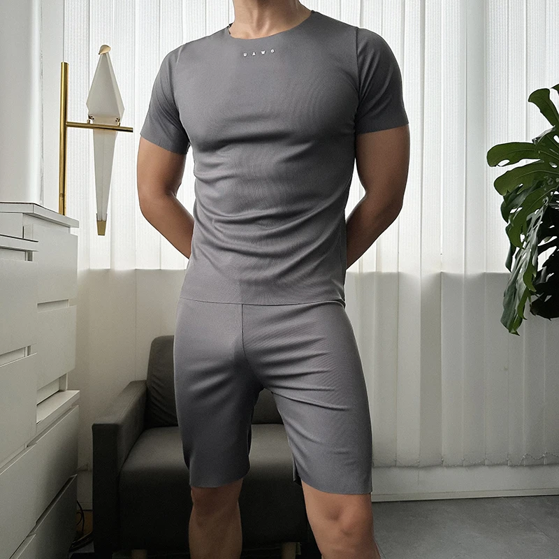 uaowo夏季男士冰爽薄款冰丝家居服冰爽速干透气休闲睡衣两件套装