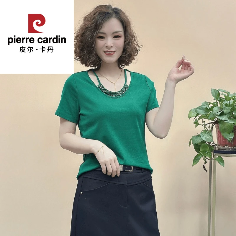 皮尔卡丹夏装新款洋气领钉珠显瘦正肩恤时尚妈妈装短袖百搭打底半