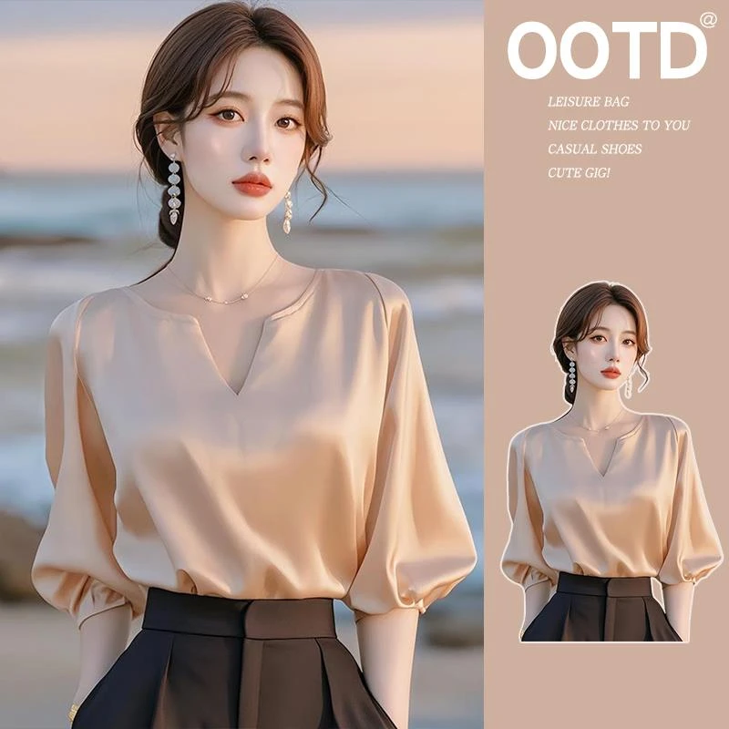 法式轻奢缎面v领半袖衬衫女设计感小众夏季宽松通勤漂亮绝美上衣