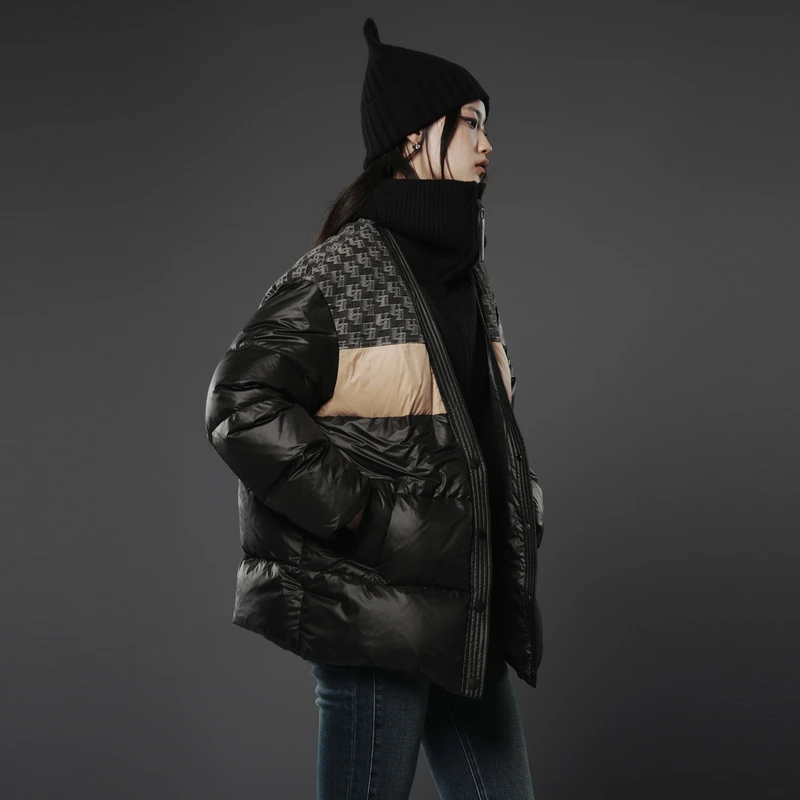 U/TI黑色拼接鸭绒羽绒服女设计感可脱卸毛领外套