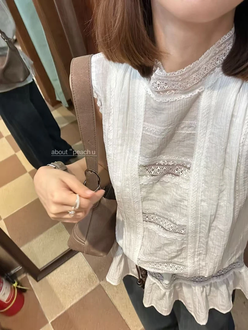 Peach自制 别致小众定制 日常小精致蕾丝镂空荷叶摆上衣10293