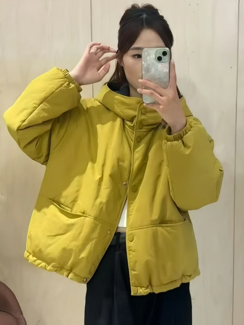 2025秋冬新款宽松韩版拼色格子短款连帽棉服外套女夹棉休闲棉衣潮