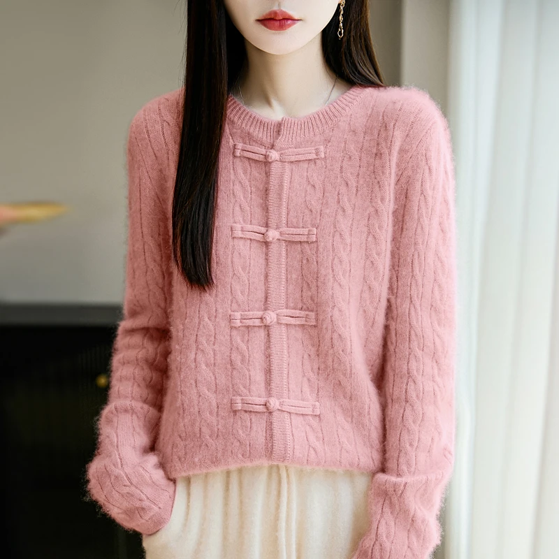 颜值美出新高~新款圆领七针加厚中式盘扣绞花开衫羊毛衫女毛衣