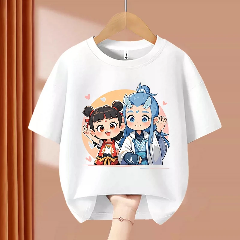 好朋友哪吒敖丙   趣味文字喜居麦圆领纯棉短袖T恤儿童出游夏季