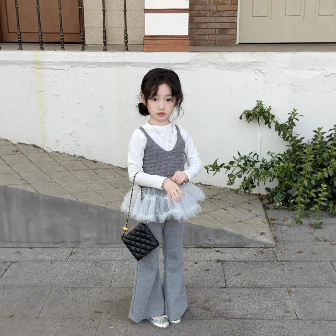 大橙子Studio女童2025新款秋季韩系镂空针织马甲华夫格喇叭裤套装