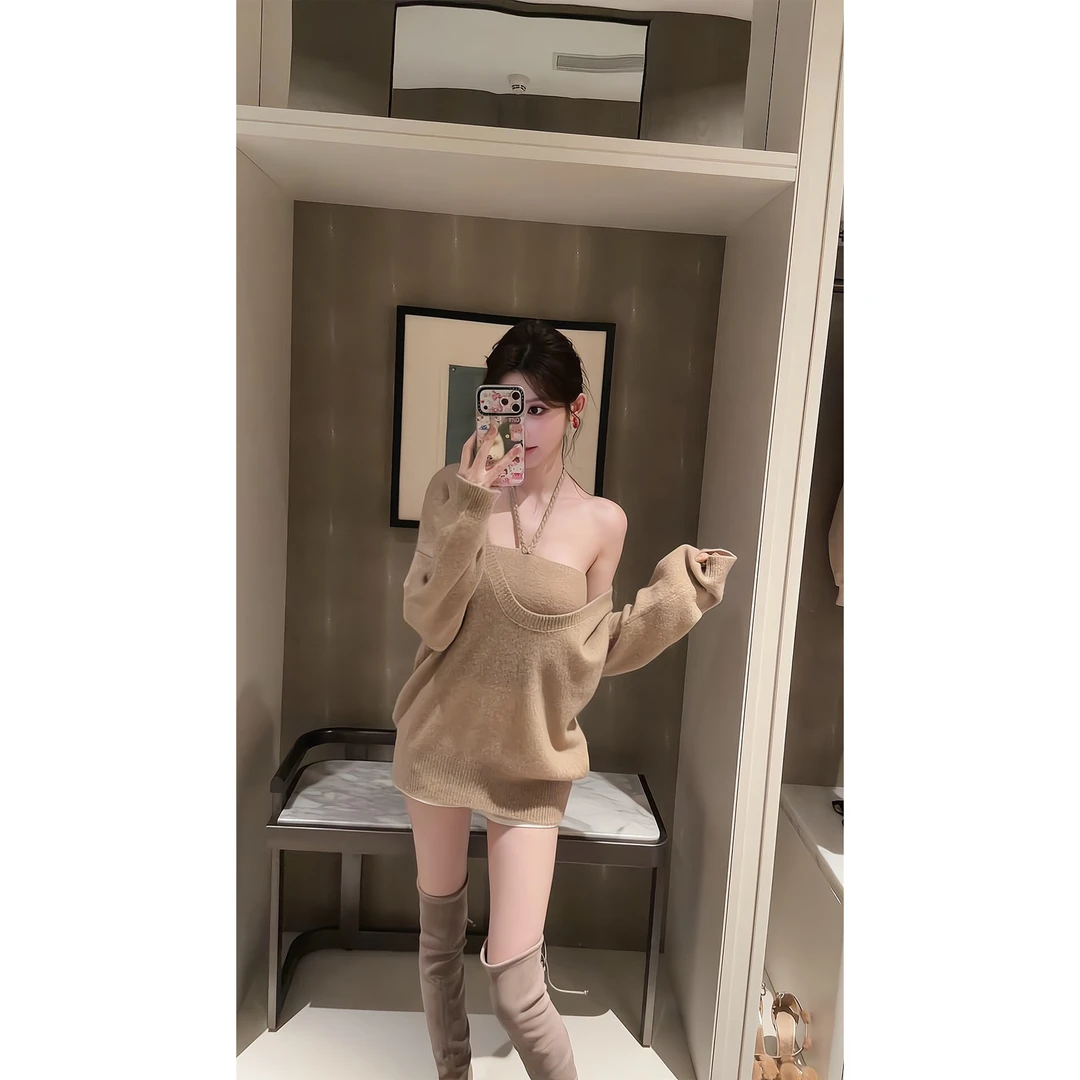 韩系气质休闲针织套装短裤女秋冬V领内搭慵懒风毛衣高级感三件套