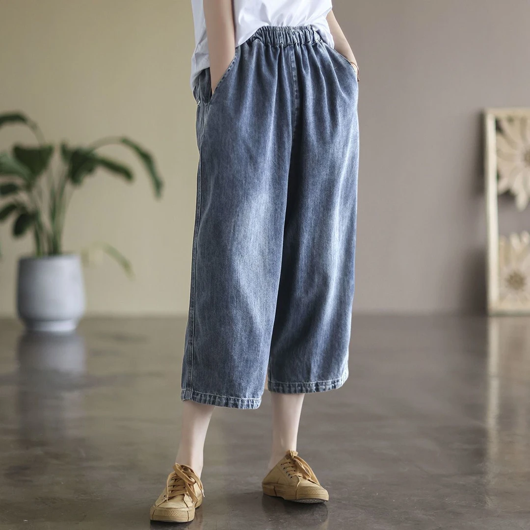 薄款牛仔七分阔腿裤女2025秋季大码宽松高腰显瘦遮肉松紧腰牛仔裤