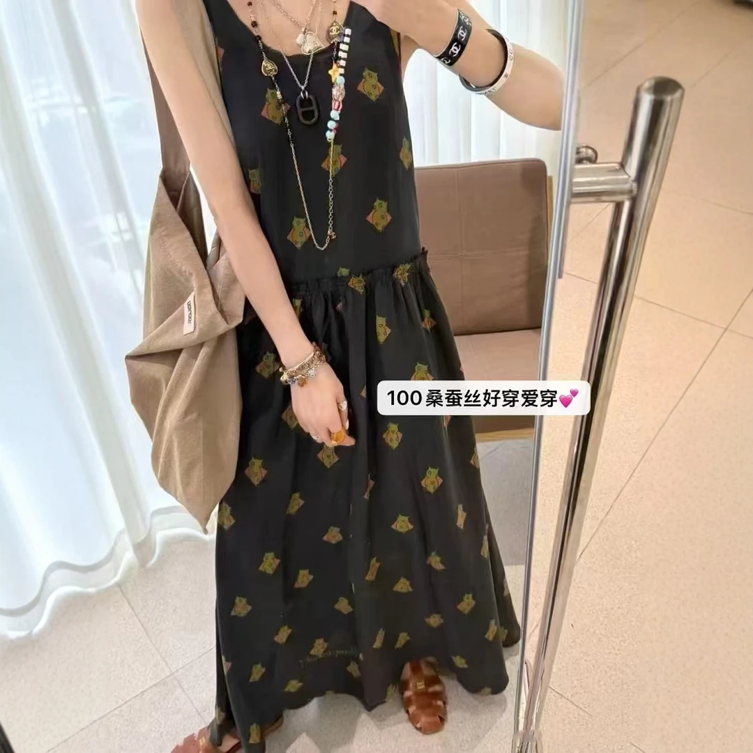 【M/Q小怪兽背带裙】2025夏百搭休闲高腰大裙摆印花桑蚕丝连衣裙