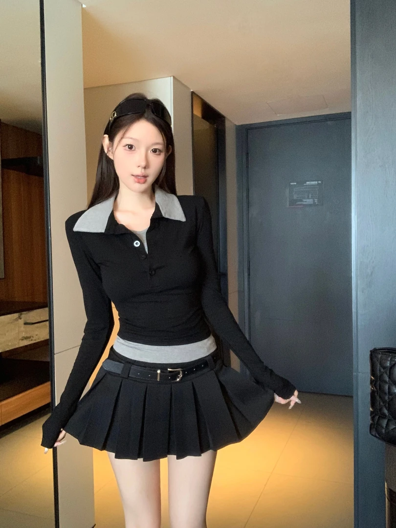 春秋款百搭老钱风女装长袖T恤韩版修身拼色辣妹ins时尚假两件上衣