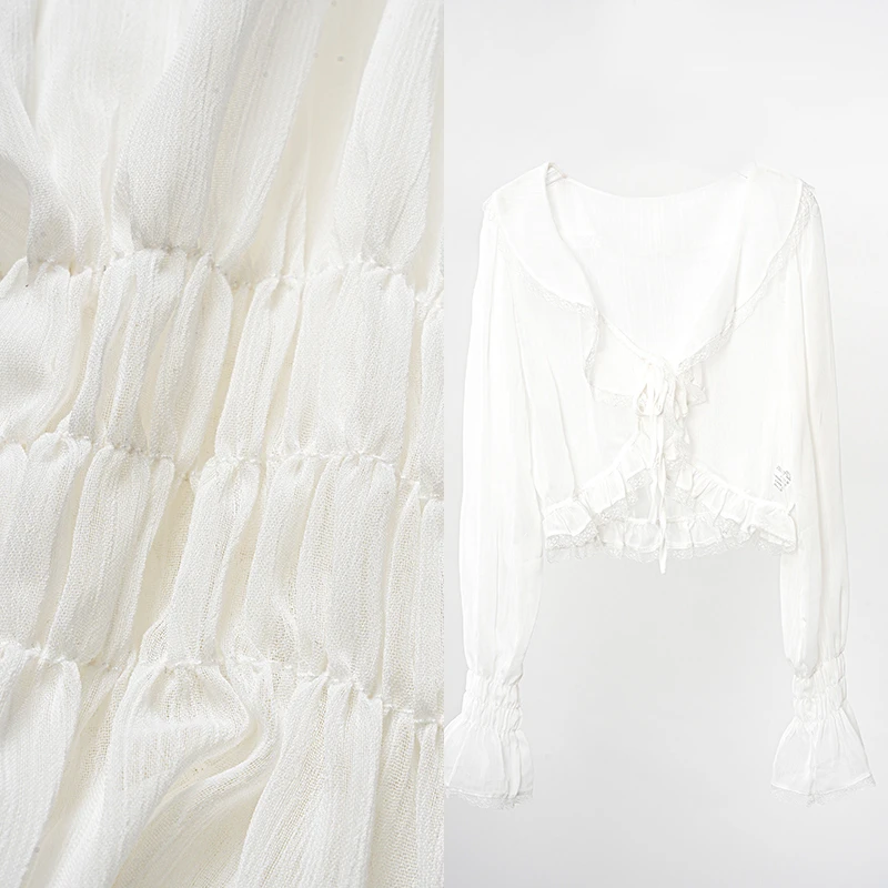 2025新款V领木耳边压褶喇叭袖温柔文艺蕾丝收腰显瘦法式气质外搭