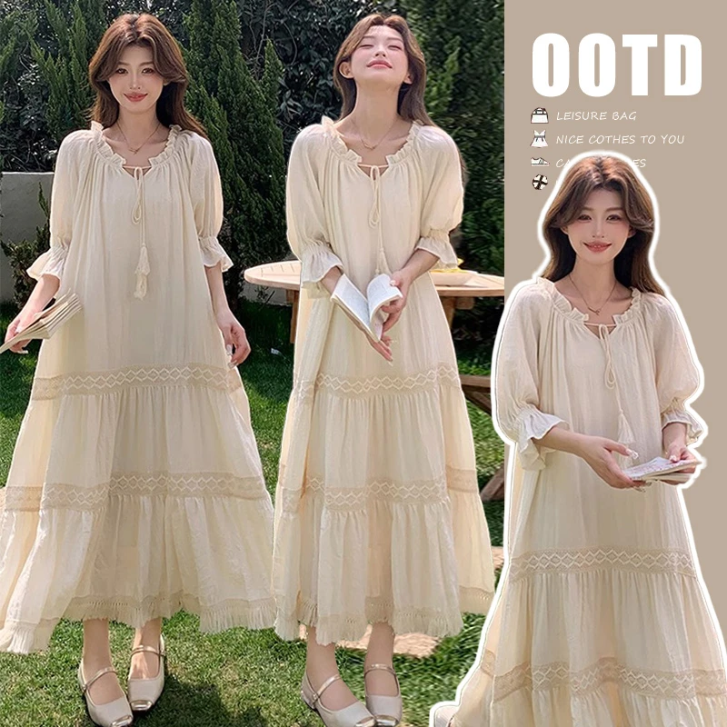 2025新款法式温柔风蕾丝拼接宽松显瘦孕妇大码连衣裙中长款