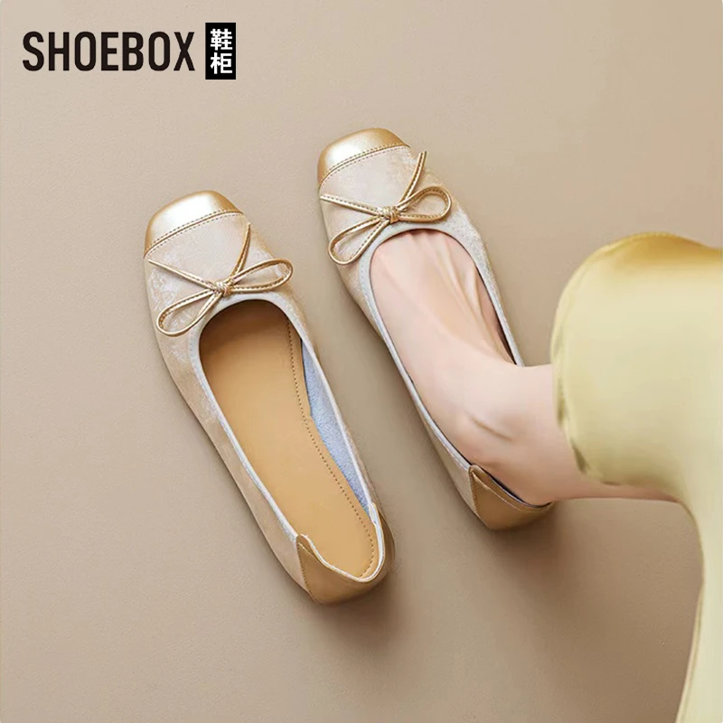 SHOEBOX鞋柜法式浅口单鞋女2025夏外穿芭蕾蝴蝶结一脚蹬平底鞋