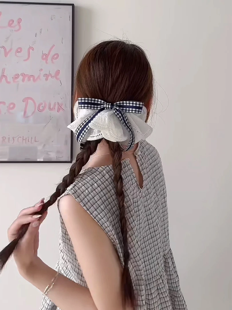 韩系文艺格子蝴蝶结蕾丝裙摆弹簧夹发夹女高级感温柔后脑勺发卡女